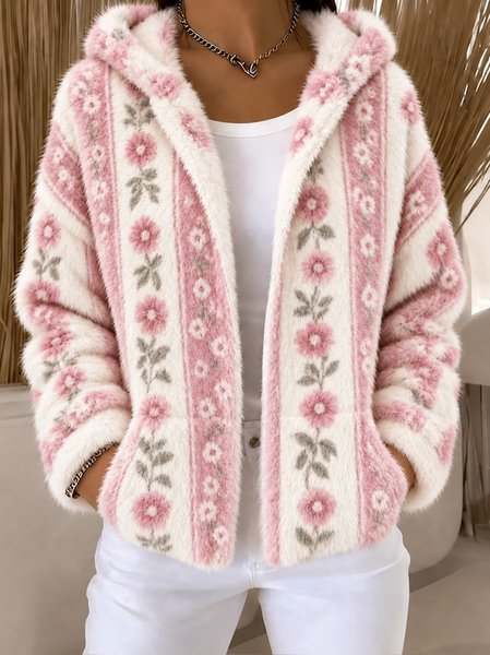 Women Winter Outerwear Vintage Floral Long Sleeve Hoodie Jacket