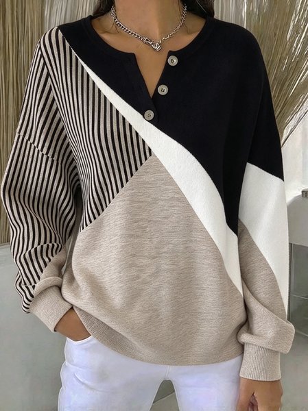 Women Geometric Henley Collar Casual Spring/Fall Long Sleeve Sweatshirt