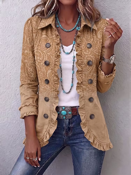 Women Spring/Fall Outerwear Vintage Printing Wild West Long Sleeve Shawl Collar Jacket