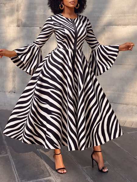 Elegant Animal Print Printing Crew Neck Maxi Dress