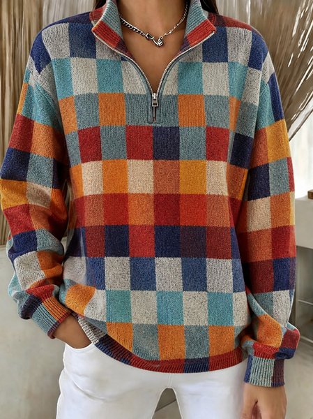 Women Geometric Stand Collar Casual Spring/Fall Long Sleeve Sweatshirt