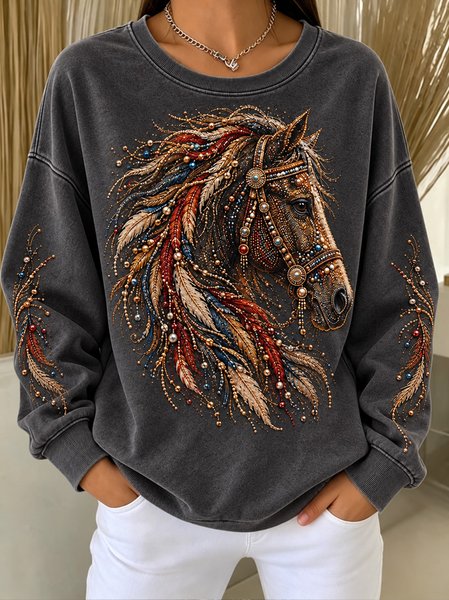Women Ethnic Crew Neck Vintage Spring/Fall Long Sleeve Sweatshirt