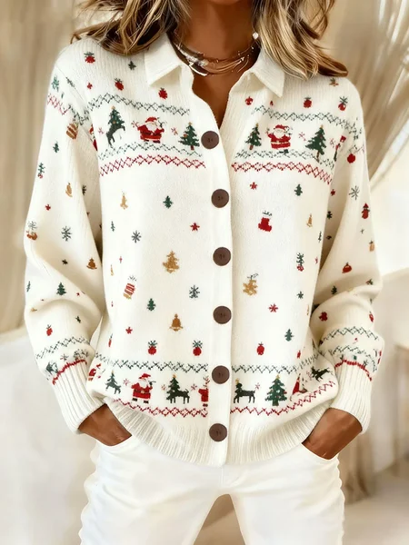 Women Santa Claus Long Sleeve Comfy Vintage Printing Cardigan