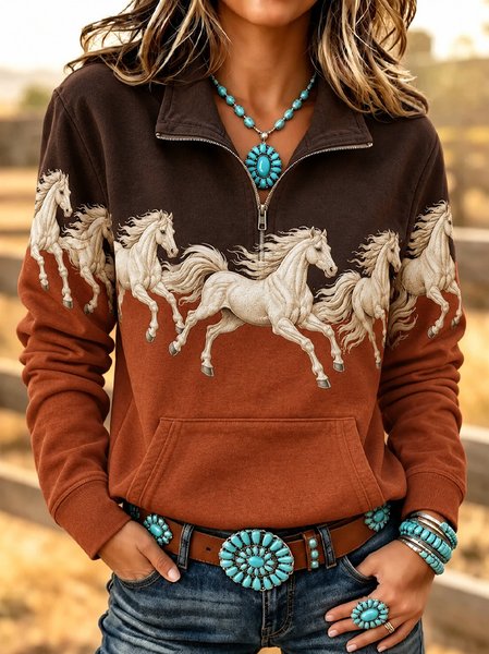 Women Ethnic Crew Neck Vintage Spring/Fall Long Sleeve Sweatshirt