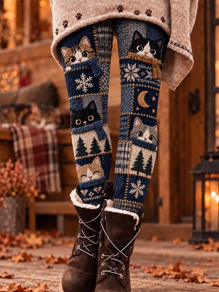 Women Cat Vintage All Season Long Leggings Trousers