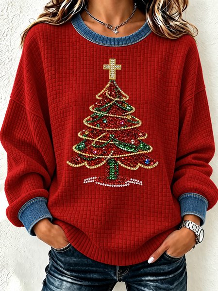 Women Christmas Tree Crew Neck Casual Spring/Fall Long Sleeve Sweatshirt
