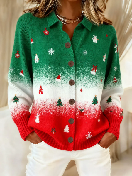 Women Christmas Long Sleeve Comfy Vintage Printing Cardigan