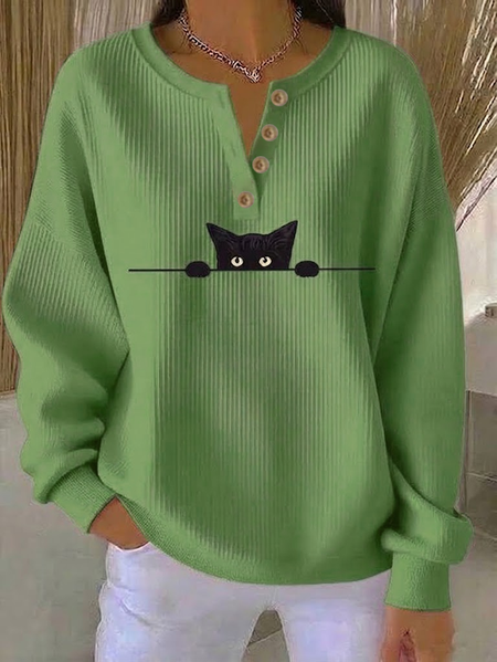 Casual Cat Crew Neck Long Sleeve Sweatshirt