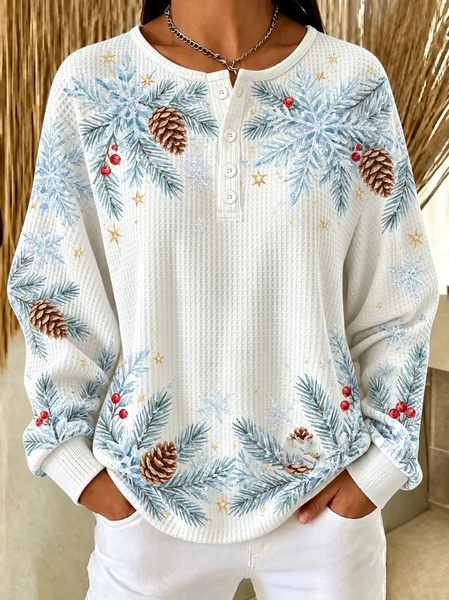 Women Christmas Henley Collar Casual Spring/Fall Long Sleeve Sweatshirt