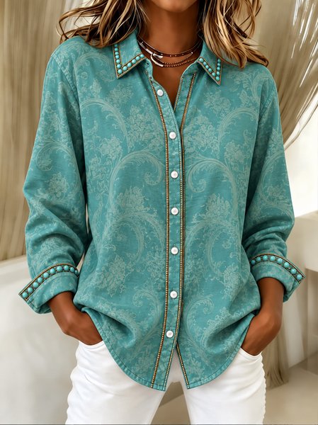 Women Floral Vintage Shirt Shawl Collar Long Sleeve Top