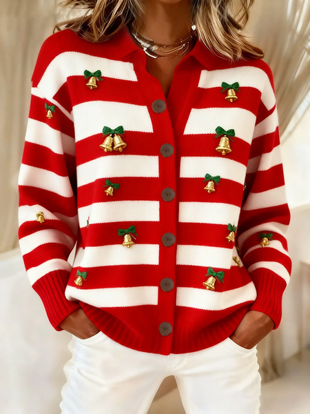 Women Striped Long Sleeve Comfy Vintage Printing Cardigan