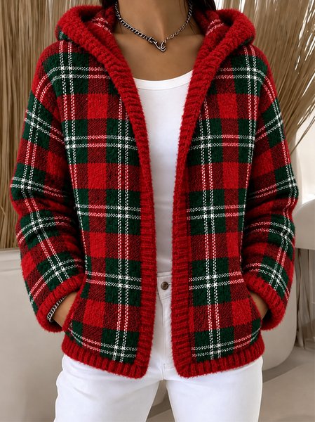 Women Flannel Vintage Plaid Long Sleeve Hoodie Winter Fleece Coat Outerwear
