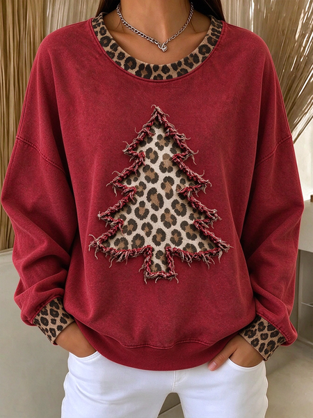 Women Leopard Crew Neck Printing Vintage Spring/Fall Long Sleeve Sweatshirt