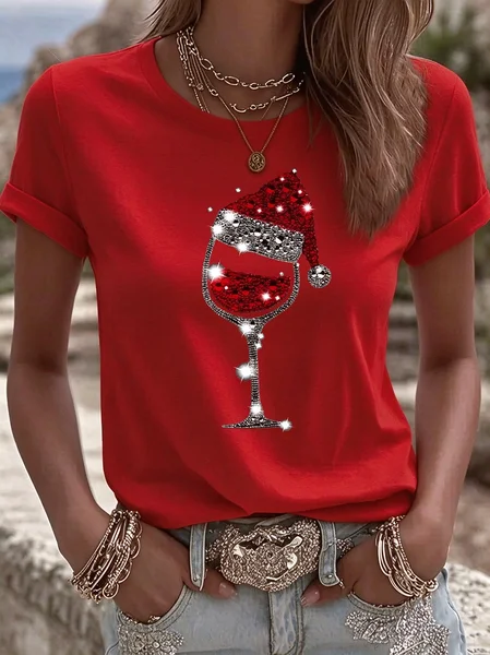 Casual Christmas Wine Glass Crew Neck Short Sleeve T-shirt