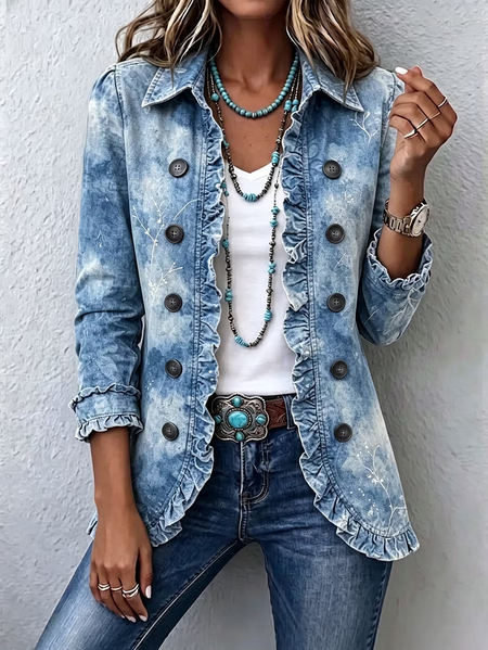 Women Spring/Fall Outerwear Vintage Printing Abstract Graphic Long Sleeve Shawl Collar Jacket