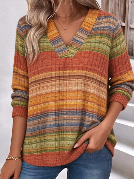Vintage Striped V Neck Long Sleeve Sweatshirt