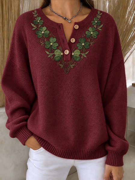 Women Floral Henley Collar Casual Spring/Fall Long Sleeve Sweatshirt