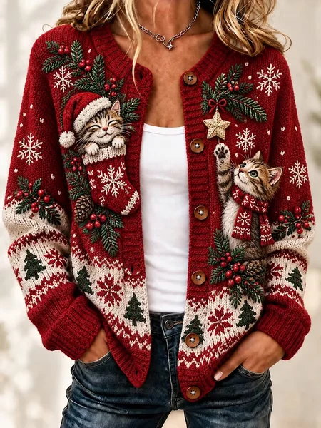 Women Christmas Long Sleeve Comfy Vintage Printing Cardigan