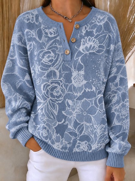 Women Floral Henley Collar Casual Spring/Fall Long Sleeve Sweatshirt