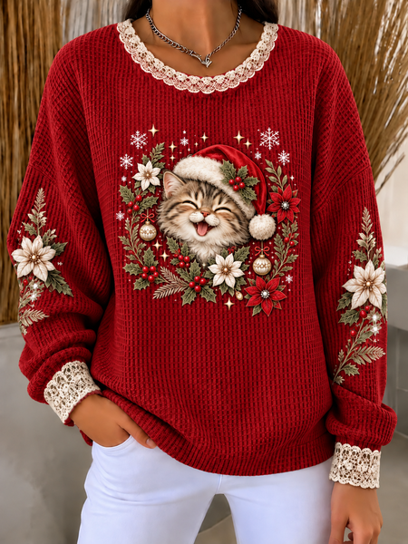 Women Cat Crew Neck Printing Casual Spring/Fall Long Sleeve Sweatshirt