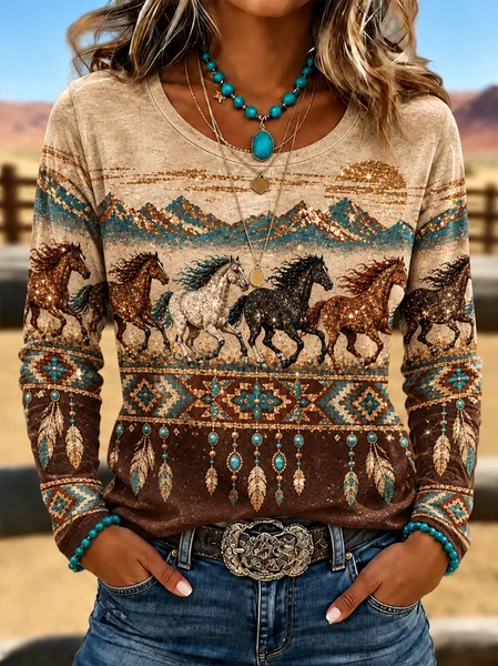 Vintage Ethnic Crew Neck Long Sleeve T-shirt