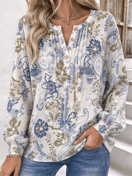 Women Floral Henley Collar Vintage Spring/Fall Long Sleeve Sweatshirt