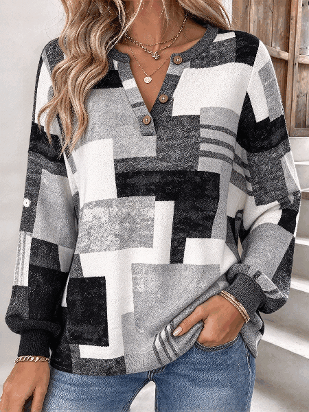 Women Geometric Henley Collar Casual Spring/Fall Long Sleeve Sweatshirt
