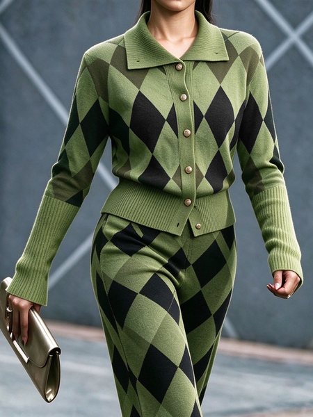 Casual Geometric Shirt Collar Cardigan
