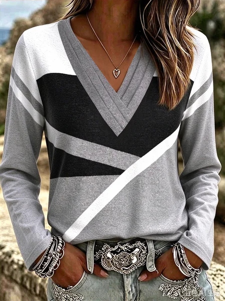 Women Abstract Long Sleeve Tee T-shirt V Neck Printing Casual Graphic Tee Spring/Fall Top