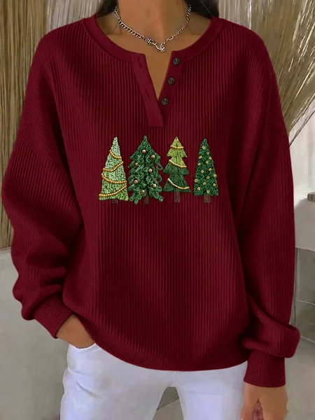 Casual Christmas Tree Henley Collar Long Sleeve Sweatshirt