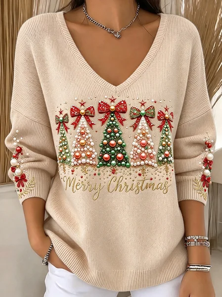 Vintage Christmas Tree V Neck Long Sleeve T-shirt