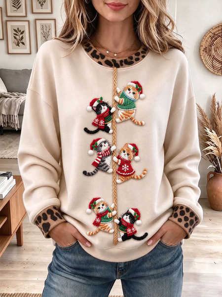 Casual Leopard Crew Neck Long Sleeve Sweatshirt
