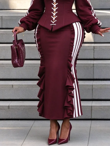 Medium Elasticity Urban Peplum Color Block Maxi Skirt