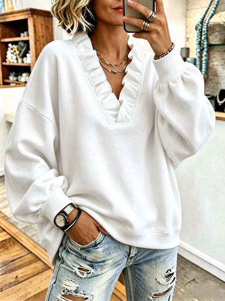 Simple Plain V Neck Long Sleeve Sweatshirt