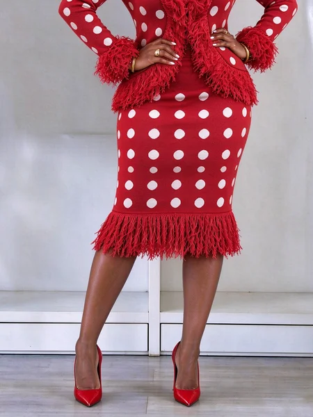 High Elasticity Urban Tassel Polka Dots Midi Sweater Skirt