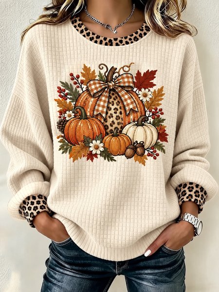 Women Leopard Henley Collar Printing Casual Spring/Fall Long Sleeve Sweatshirt