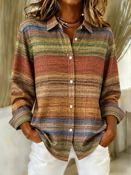 Women Abstract Vintage Shirt Shirt Collar Long Sleeve Top