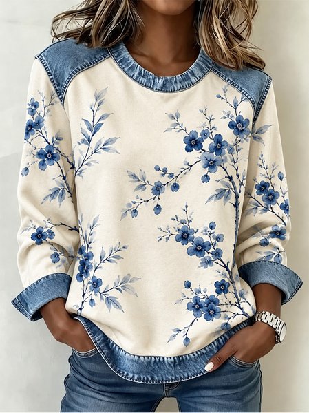 Casual Floral Crew Neck Long Sleeve Sweatshirt