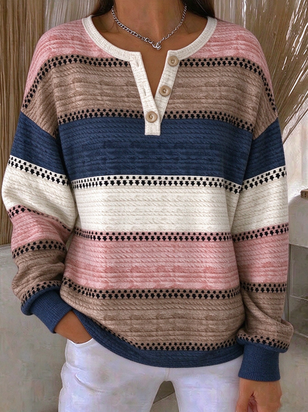 Casual Geometric Henley Collar Long Sleeve Sweatshirt