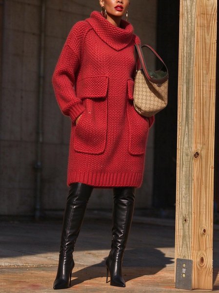 Casual Plain Pockets Shawl Collar Sweater Knee Length Dress