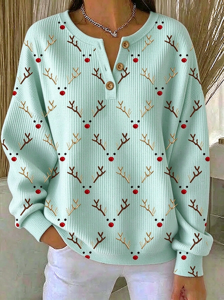 Vintage Christmas Henley Collar Long Sleeve Sweatshirt