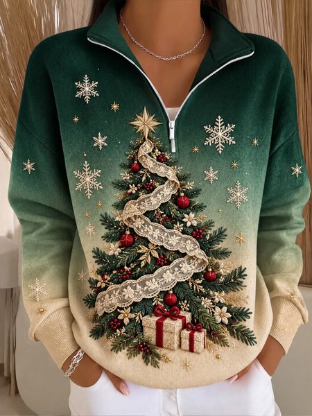 Casual Snowflake Half Open Collar Long Sleeve Sweatshirt
