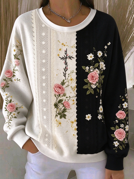 Casual Floral Crew Neck Long Sleeve Sweatshirt