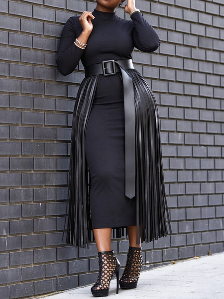 Elegant Plain Tassel Stand Collar Maxi Dress Belt Lncludes Outer Layer