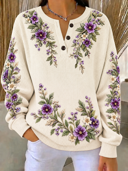 Casual Floral Pattern Henley Collar Long Sleeve Sweatshirt