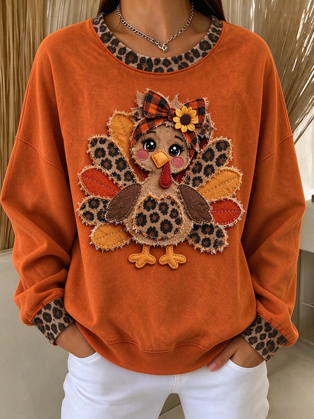 Women Leopard Crew Neck Printing Vintage Spring/Fall Long Sleeve Sweatshirt