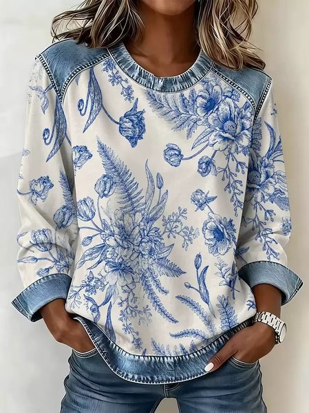 Women Floral Crew Neck Printing Casual Spring/Fall Long Sleeve Sweatshirt