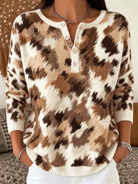Women Cotton Abstract Long Sleeve Comfy Casual Sweater