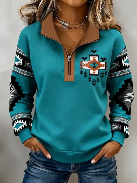 Women Geometric Half Open Collar Casual Spring/Fall Long Sleeve Sweatshirt