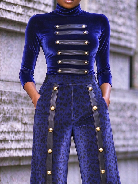 Velvet Urban Plain Button Detail Mock Neck T-shirt